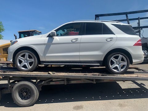 Luxury SUV secured on a hauling trailer under palm trees